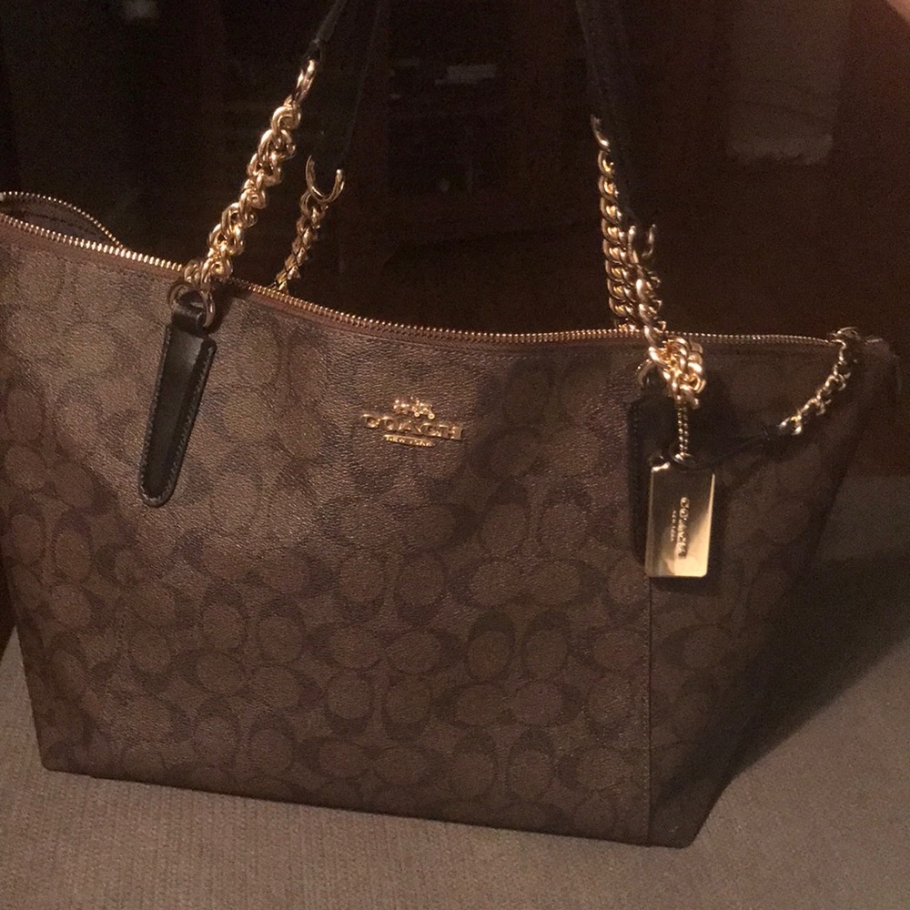 Brown and Black Signature Chain Accent Tote